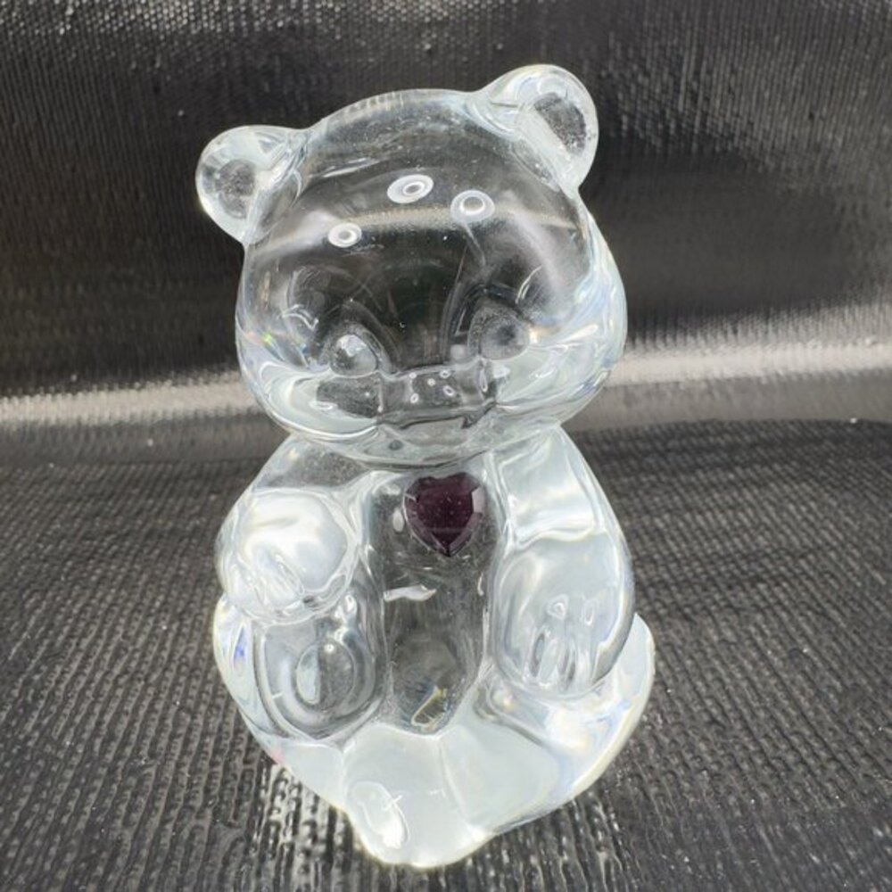 Vintage Fenton Clear Glass Bear‎ Figurine Paperweight With Purple Amethyst Stone